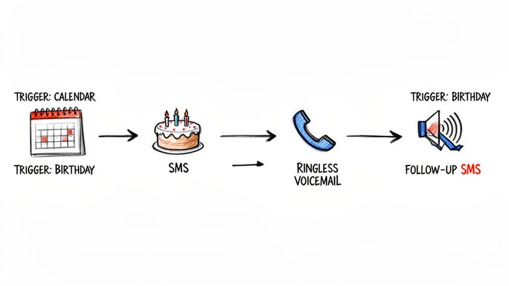 A diagram illustrating a birthday trigger flow: Calendar to SMS, then ringless voicemail, and finally follow-up SMS.