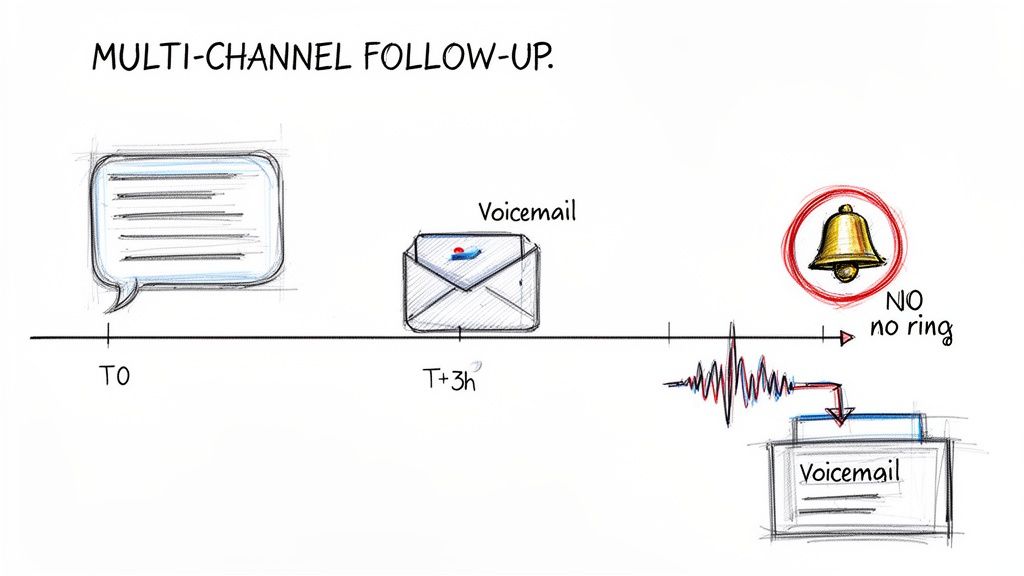 A timeline illustrates a multi-channel follow-up strategy: text message, email, and a missed call leading to voicemail.