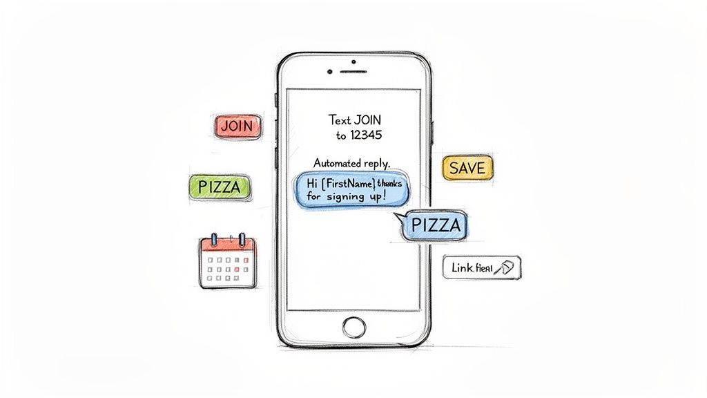 Sketch of a smartphone displaying a text message conversation, surrounded by various icons like JOIN, PIZZA, and SAVE buttons.