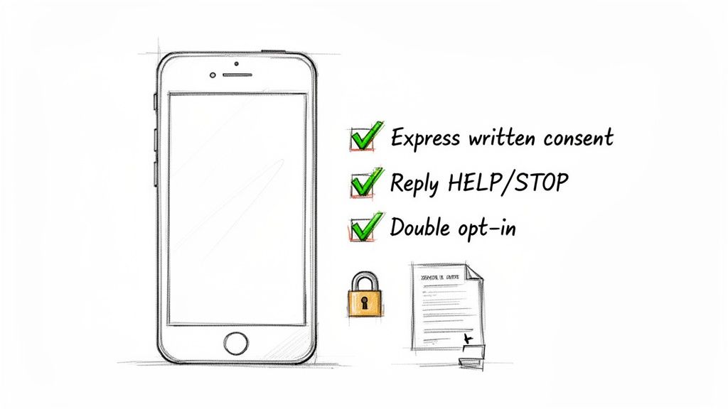 Illustration showing a smartphone and text message compliance rules: consent, HELP/STOP, double opt-in.