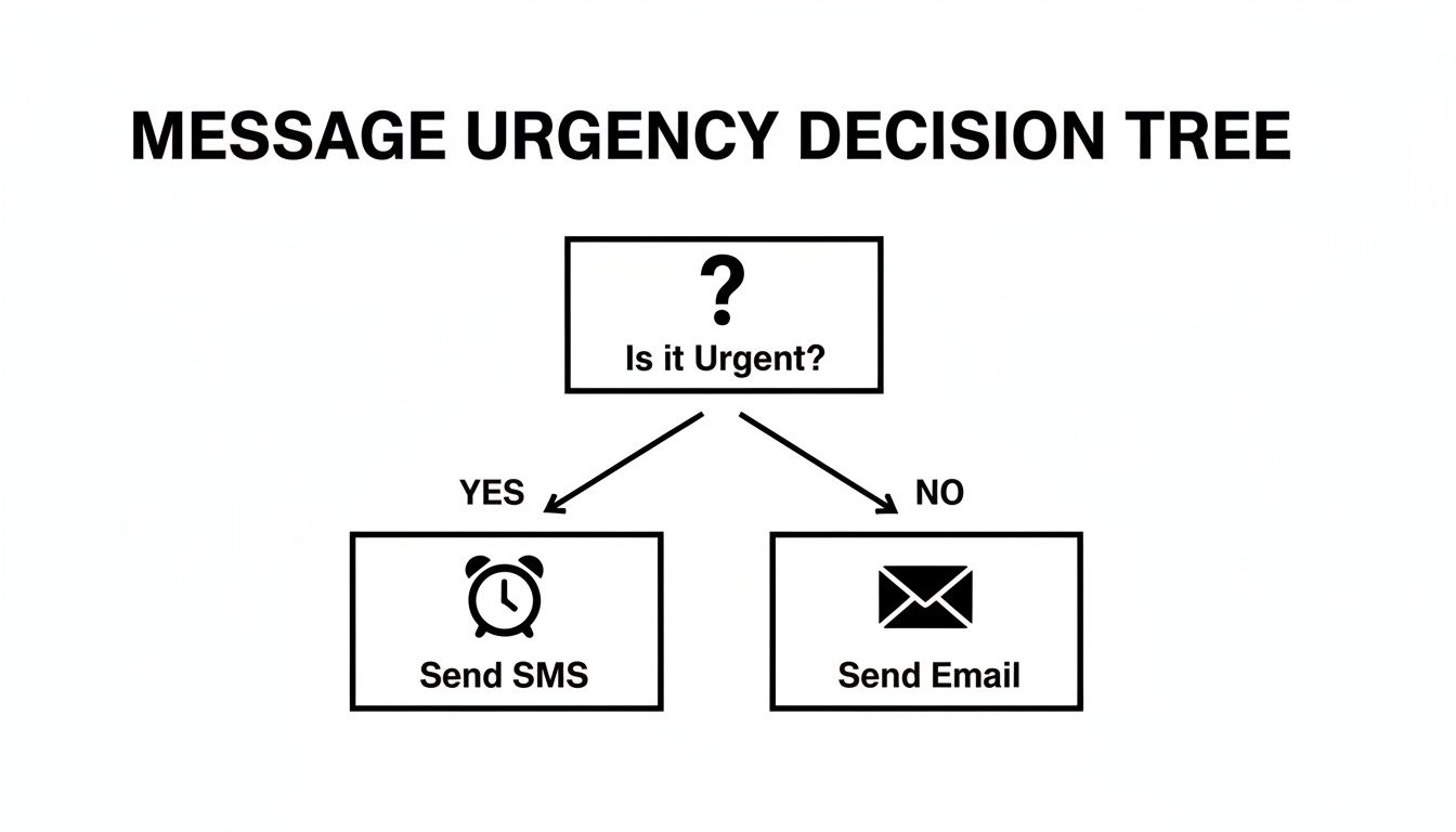 A decision tree illustrating when to send SMS for urgent messages and email for non-urgent.