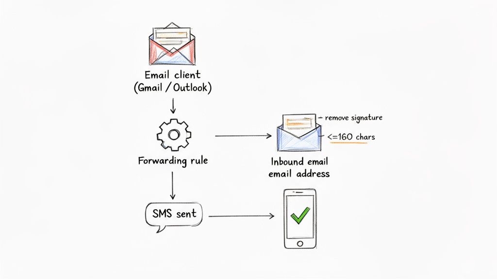 Flowchart illustrating how emails are processed through a forwarding rule to be sent as SMS messages.