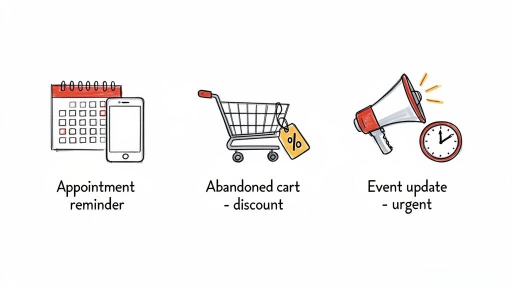 Illustrations showing notifications for appointment reminders, abandoned carts with discounts, and urgent event updates.