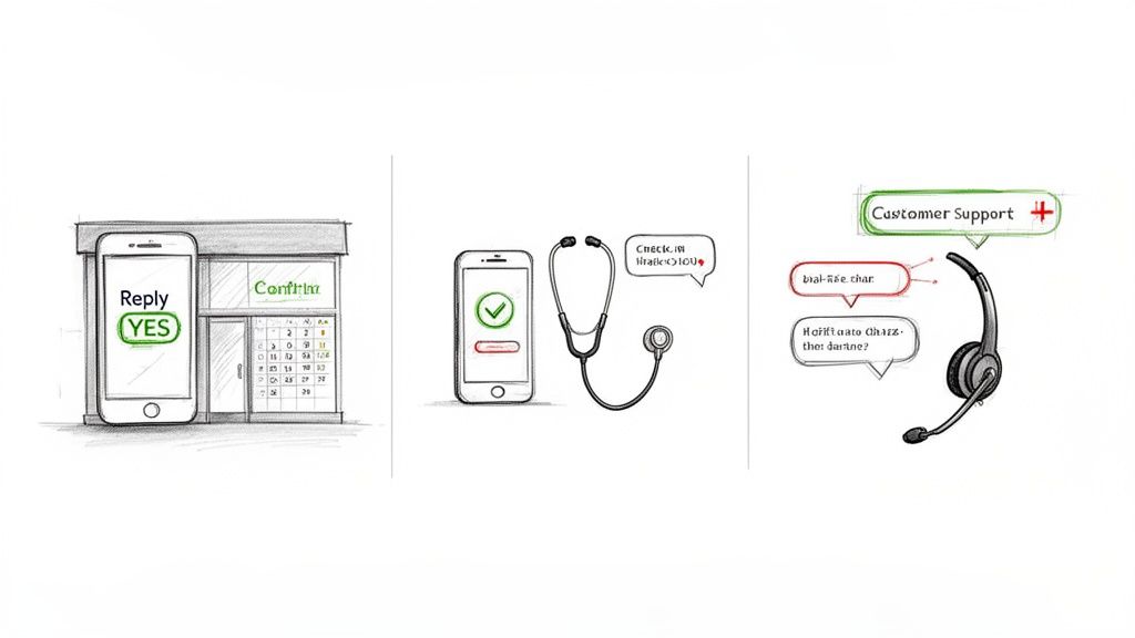 Pencil sketch showing 2-way SMS communication for appointments, health check-ins, and customer support.