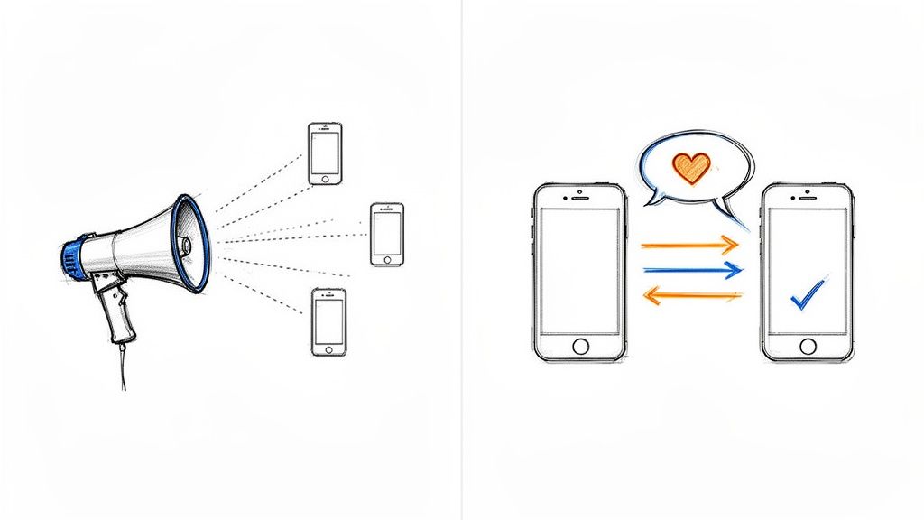 Image illustrates the difference between one-way broadcasting and interactive two-way communication on smartphones.