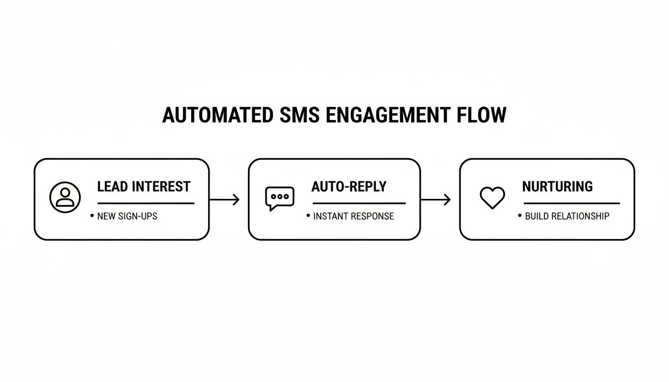 A diagram illustrating an automated SMS engagement flow with steps: lead interest, auto-reply, and nurturing.