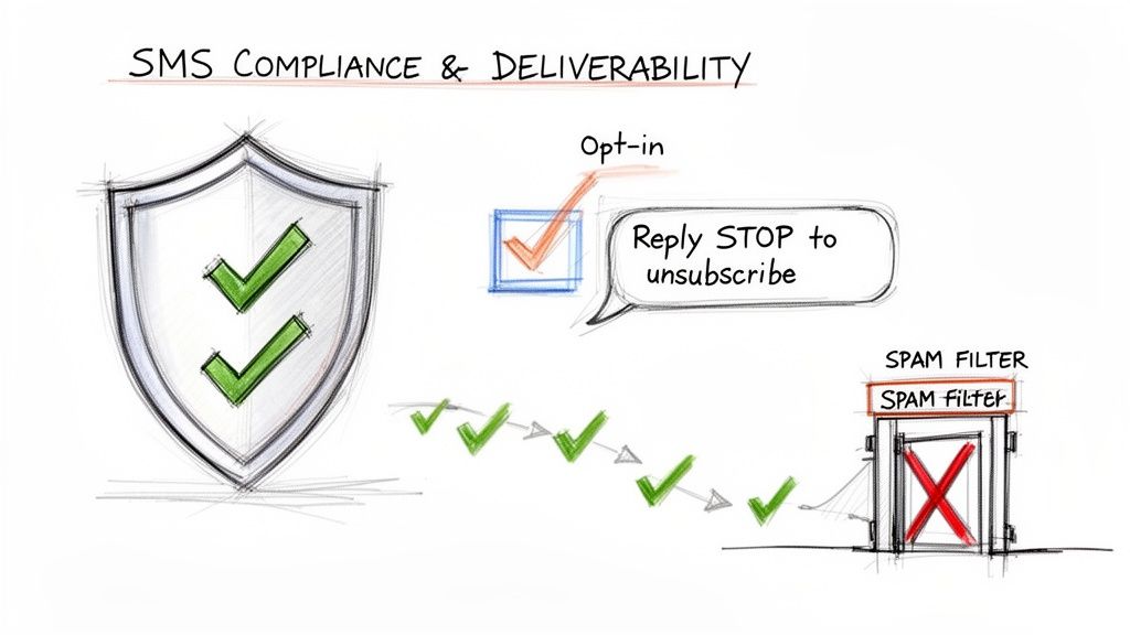 Illustration showing SMS compliance and deliverability, including opt-in, unsubscribe, and bypassing spam filters.