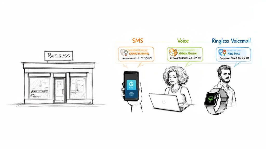 Illustration of a business communicating with customers using SMS, voice calls, and ringless voicemail methods.