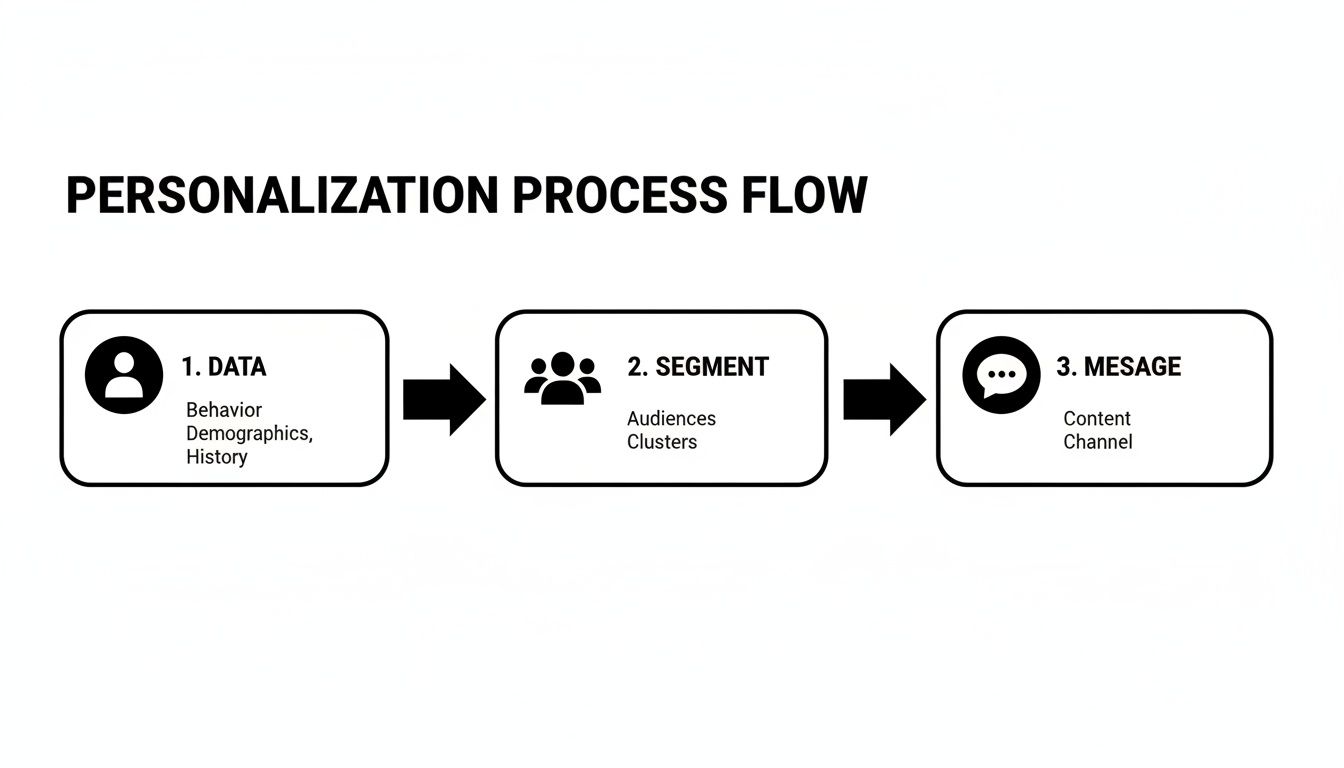 Personalization process flow diagram showing three steps: data, segment, and message delivery.