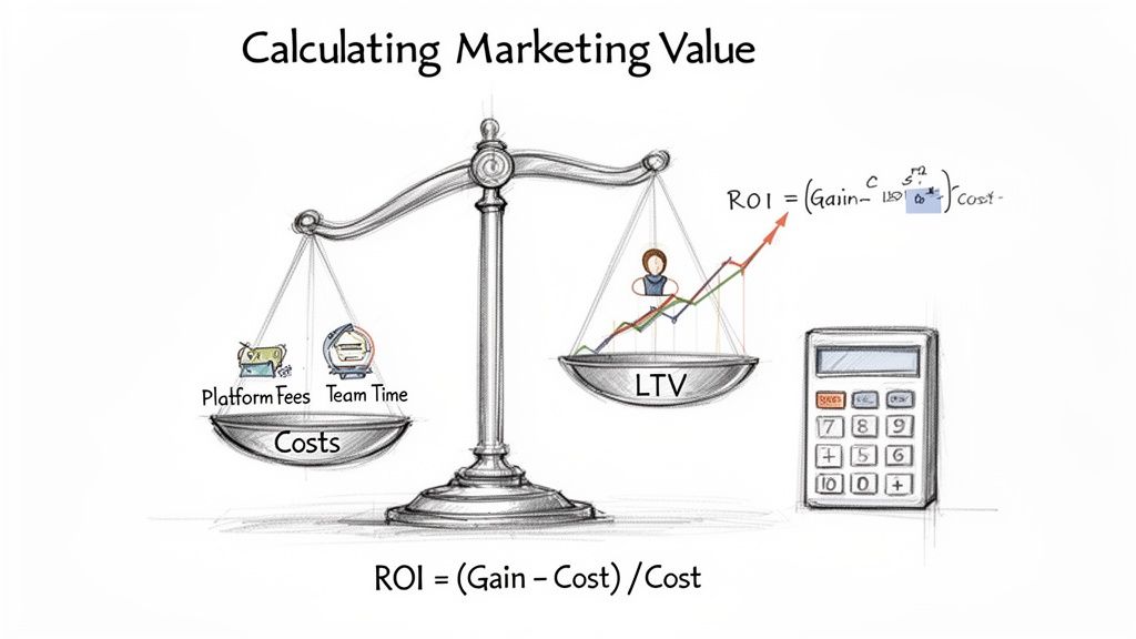 An illustration depicting a balance scale measuring marketing costs against customer lifetime value for ROI.