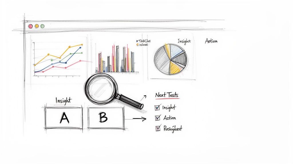 Sketch of a dashboard showing various data charts, insights (A/B testing), and next test actions.