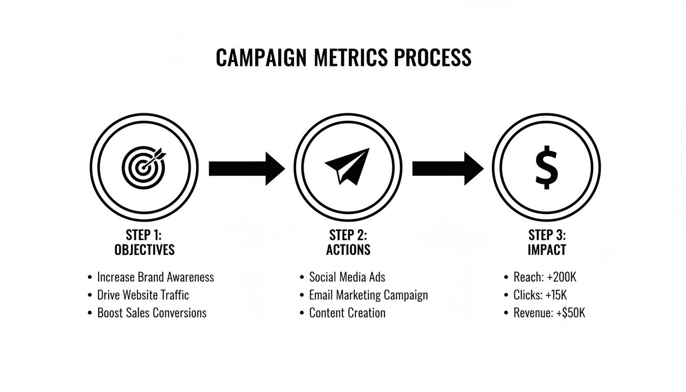 A three-step campaign metrics process outlining objectives, actions, and measurable business impact.