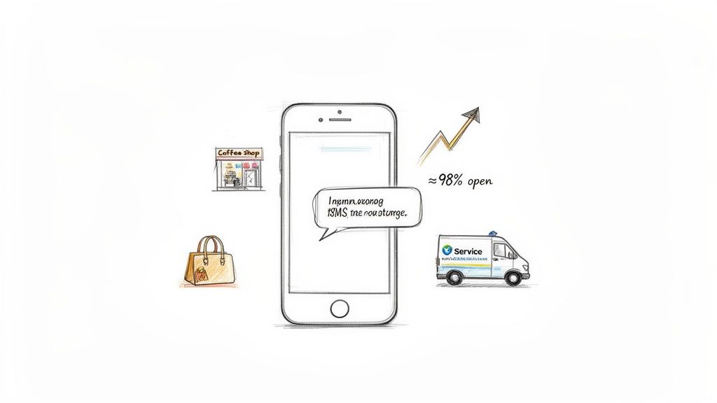 Digital marketing concept: smartphone with SMS, coffee shop, bag, and service van, indicating high open rates.