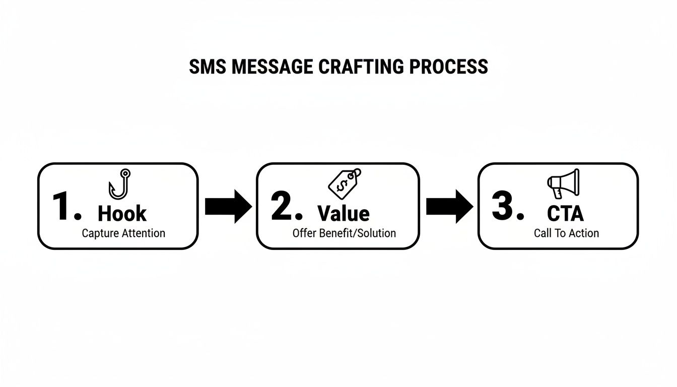 Diagram illustrating the 3-step SMS message crafting process: Hook, Value, and CTA.