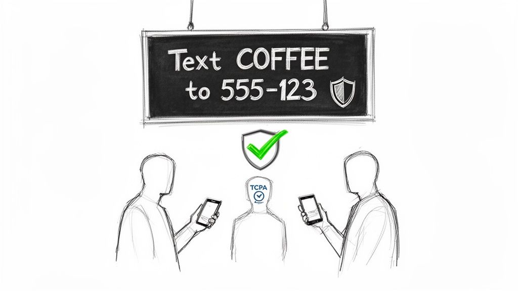 A whiteboard shows 'Text COFFEE to 555-123' and depicts TCPA compliance for mobile marketing.