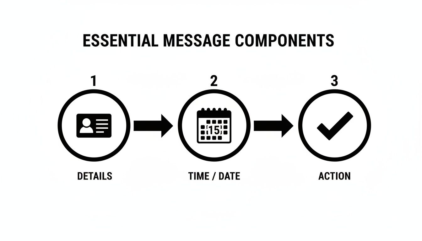Flowchart illustrating essential message components: details, time/date, and action, with relevant icons.