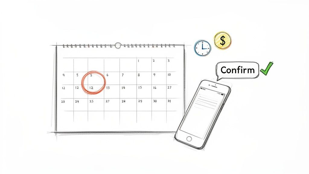 Hand-drawn illustration of a calendar with a circled date, a smartphone showing 'Confirm', a clock, and a dollar sign.