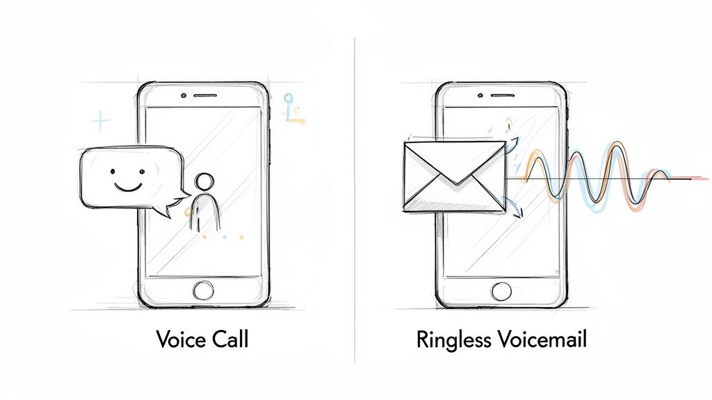 Illustration contrasting a voice call with a direct, ringless voicemail message delivery on a smartphone.