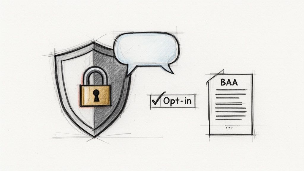 Hand-drawn illustration of data security elements: shield, padlock, opt-in consent, speech bubble, and BAA agreement.