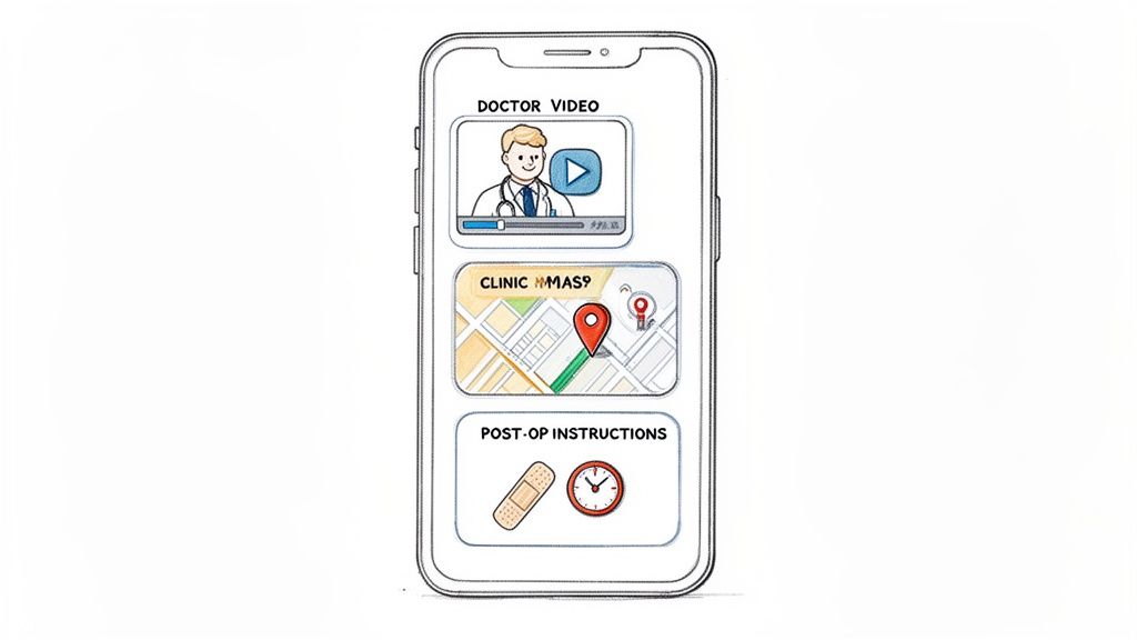 A smartphone screen displays a medical app with a doctor video, clinic map, and post-op instructions.