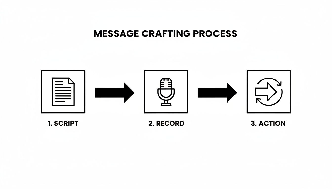 A three-step flowchart illustrating the message crafting process: script, record, and action.