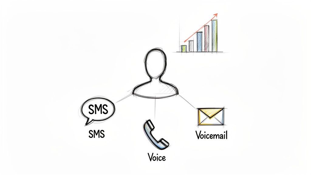 A person connected to SMS, Voice, and Voicemail channels, with an upward trending performance chart.