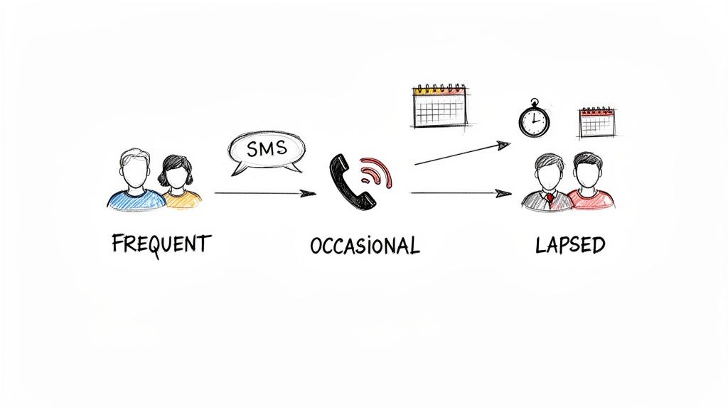 Diagram illustrating customer engagement stages from frequent (SMS) to occasional (calls) and lapsed over time.