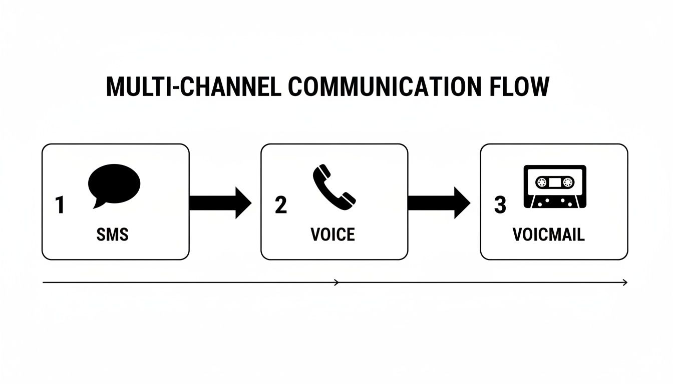 Diagram illustrating a multi-channel communication flow from SMS to voice call and finally to voicemail.