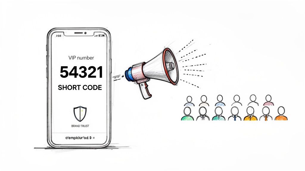 Smartphone displaying VIP short code 54321, with a megaphone broadcasting to an audience.