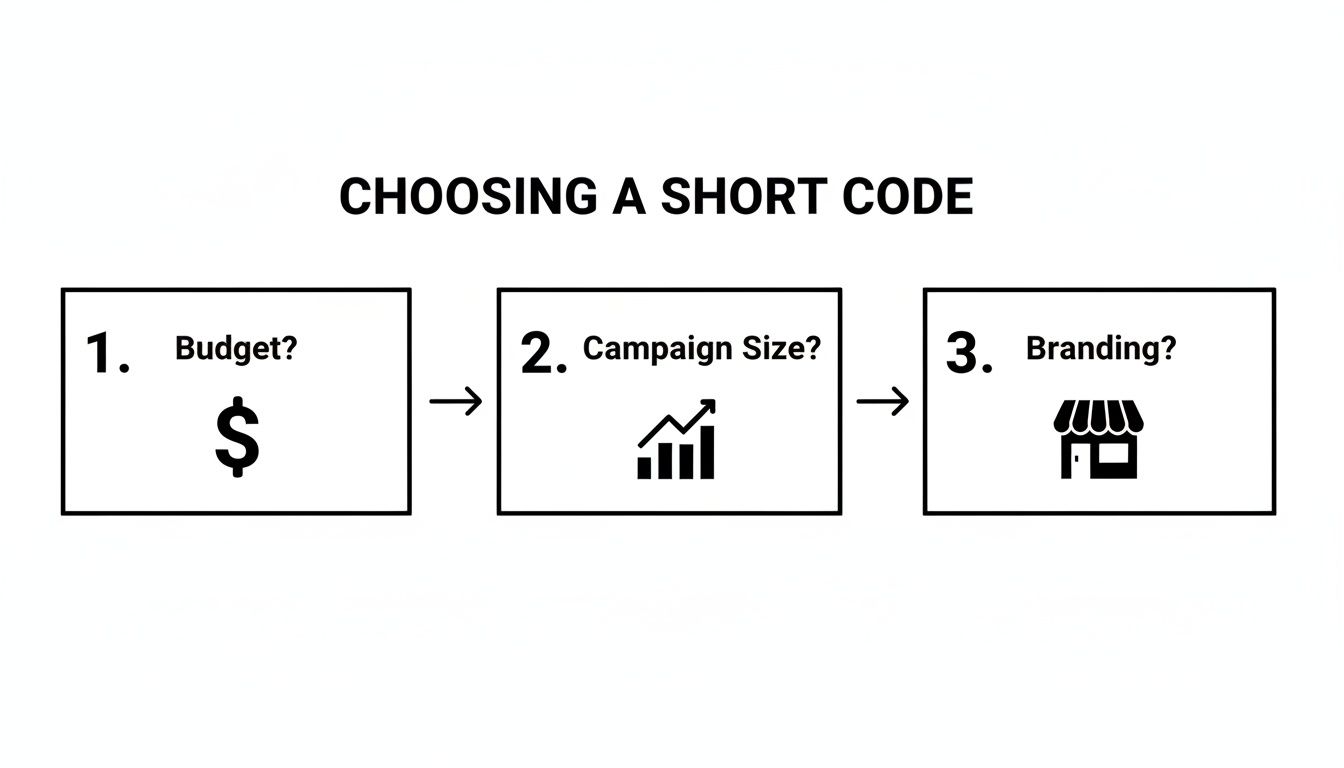 Flowchart outlining three steps for choosing a short code: budget, campaign size, and branding.