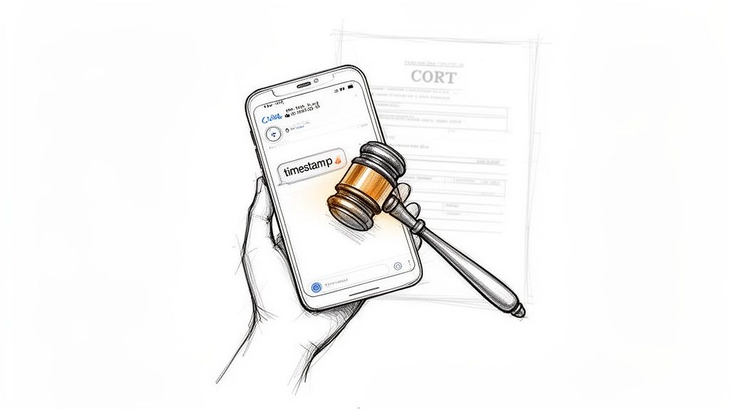 Hand holds smartphone displaying 'timestamp' message, with a judge's gavel and court document.