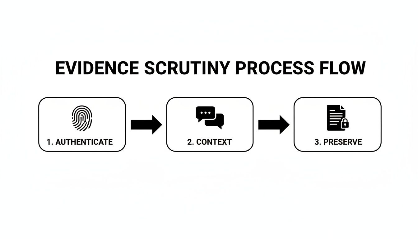 Flowchart illustrating the evidence scrutiny process with steps: authenticate, context, and preserve.