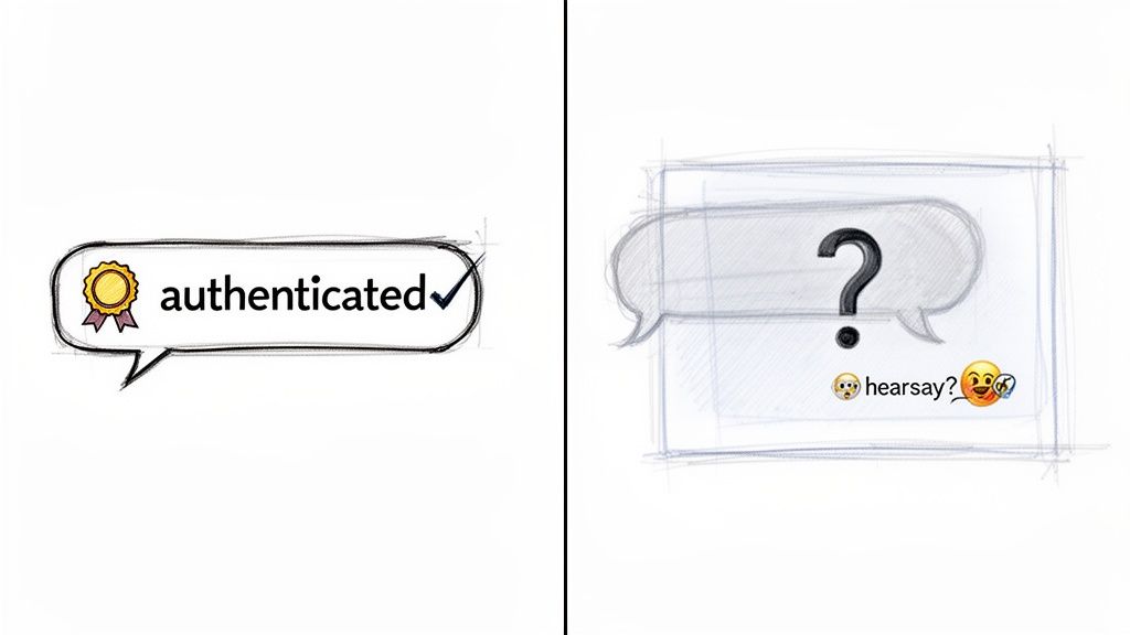 Visual comparison of authenticated information versus questionable hearsay in text messages.