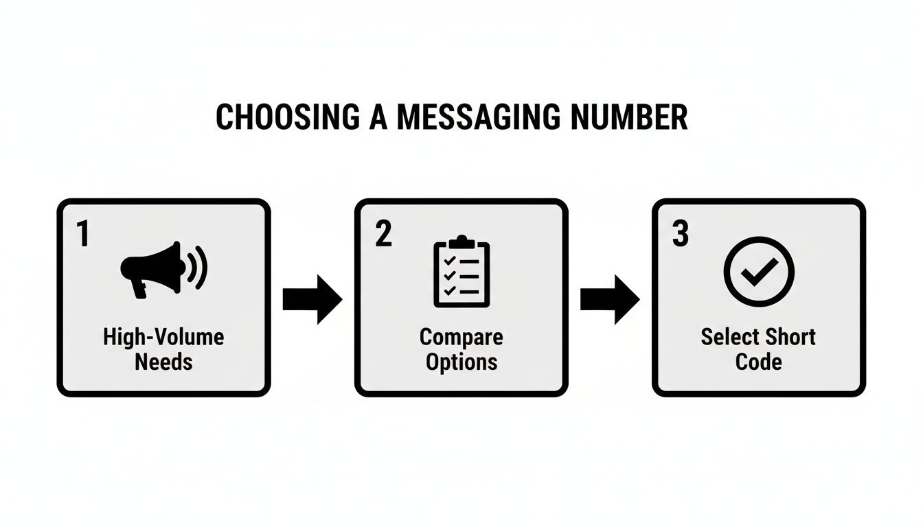 A 3-step diagram outlining how to choose a messaging number: High-Volume Needs, Compare Options, and Select Short Code.
