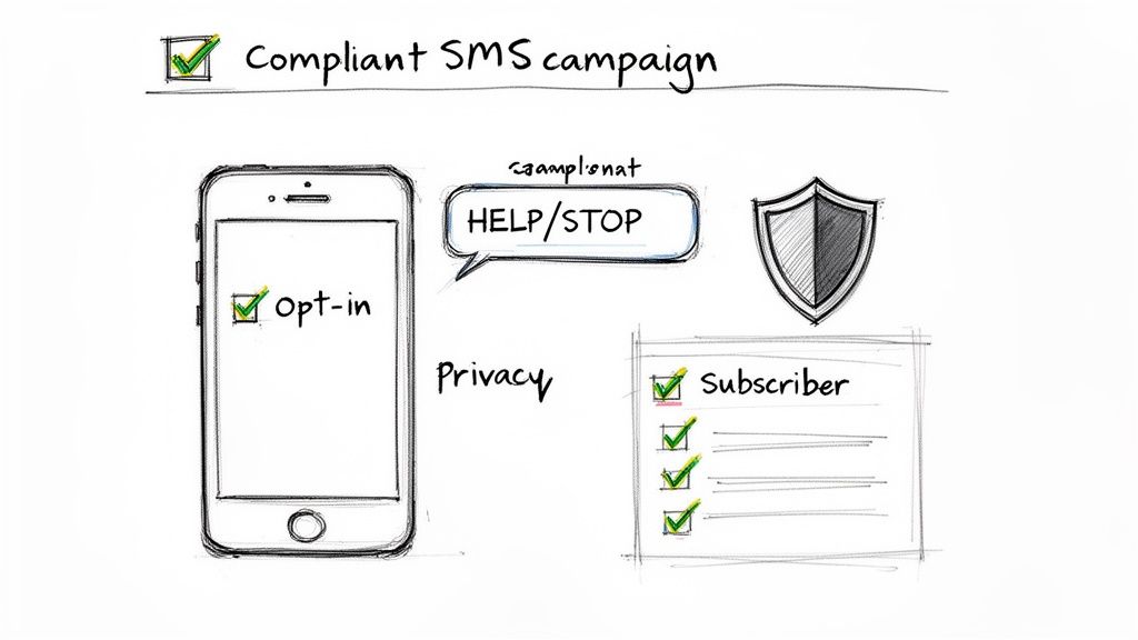 Illustration detailing a compliant SMS campaign with opt-in, privacy, help/stop commands, and subscriber list.