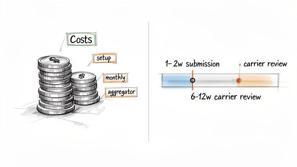 Illustration showing stacks of coins representing costs (setup, monthly, aggregator) and a timeline for submission and carrier review.