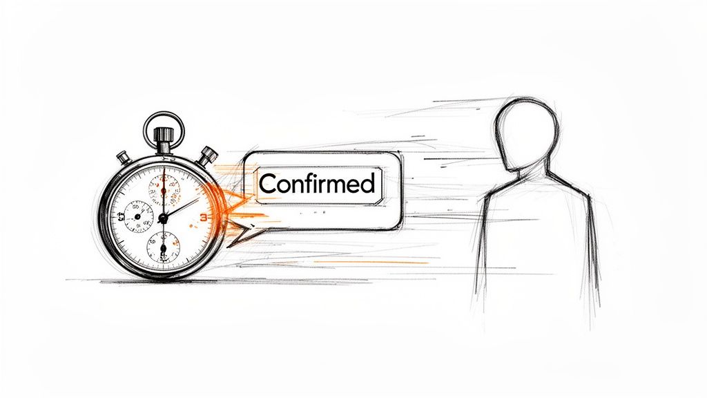 Sketch of a stopwatch with a 'Confirmed' message quickly reaching a person's silhouette.