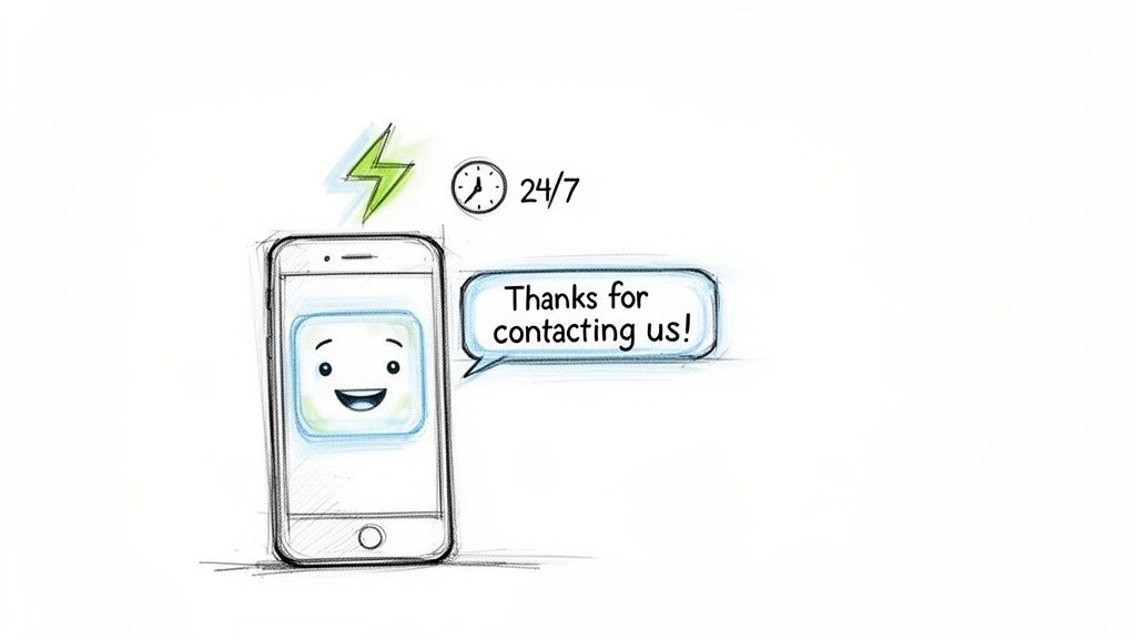 A cartoon smartphone with a happy face icon and a 'Thanks for contacting us!' message, symbolizing 24/7 fast support.