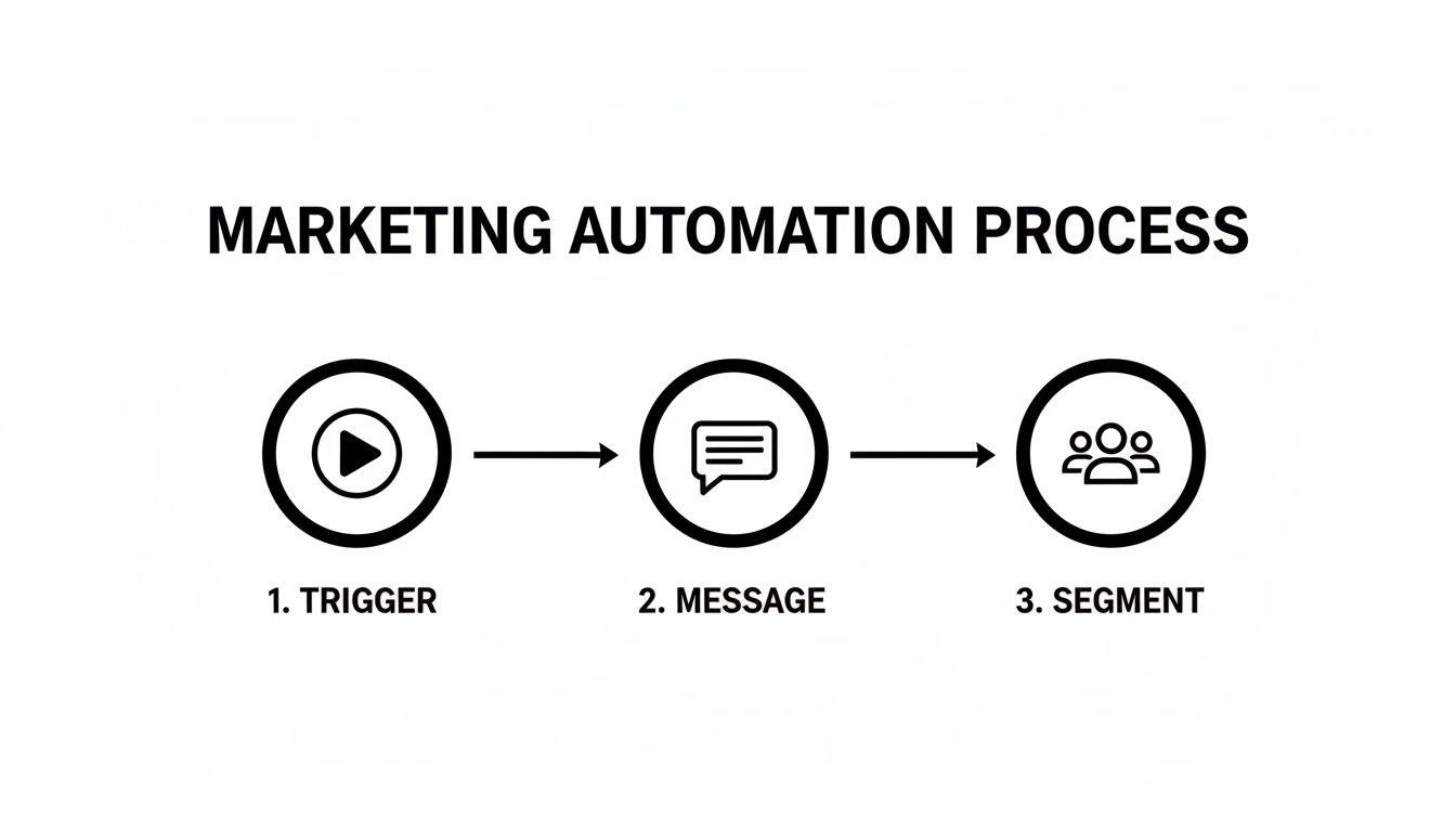 A marketing automation process diagram illustrating the steps: Trigger, Message, and Segment with corresponding icons.