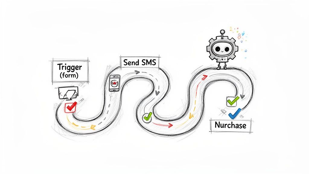 Diagram shows a marketing automation workflow: form trigger, SMS send, leading to purchase, managed by a bot.