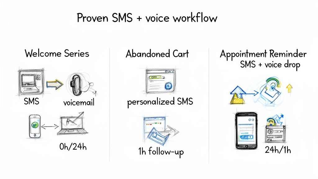 Diagram illustrating three proven SMS and voice workflows: Welcome Series, Abandoned Cart, and Appointment Reminder.