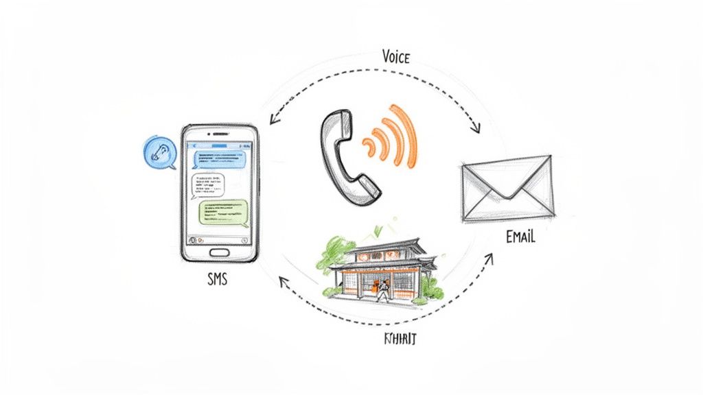 A diagram illustrates a multi-channel communication flow connecting SMS, Voice, Email, and Khirit in a loop.