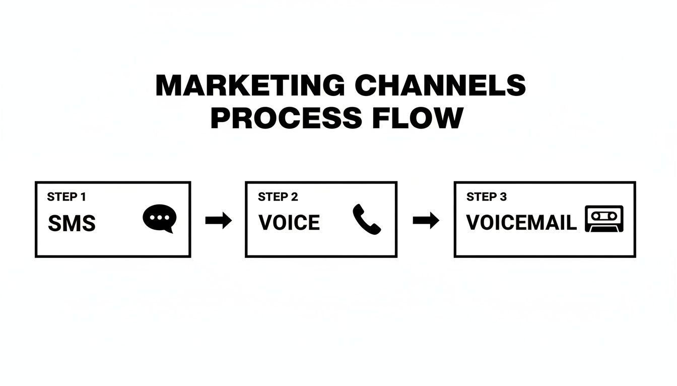 Diagram illustrating a multi-channel marketing process flow from SMS to Voice to Voicemail.