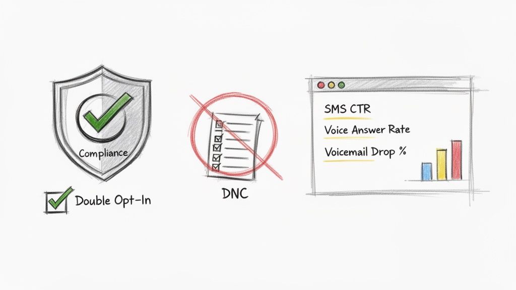 Sketches illustrate marketing compliance with shield and double opt-in, DNC exclusion, and performance metrics.