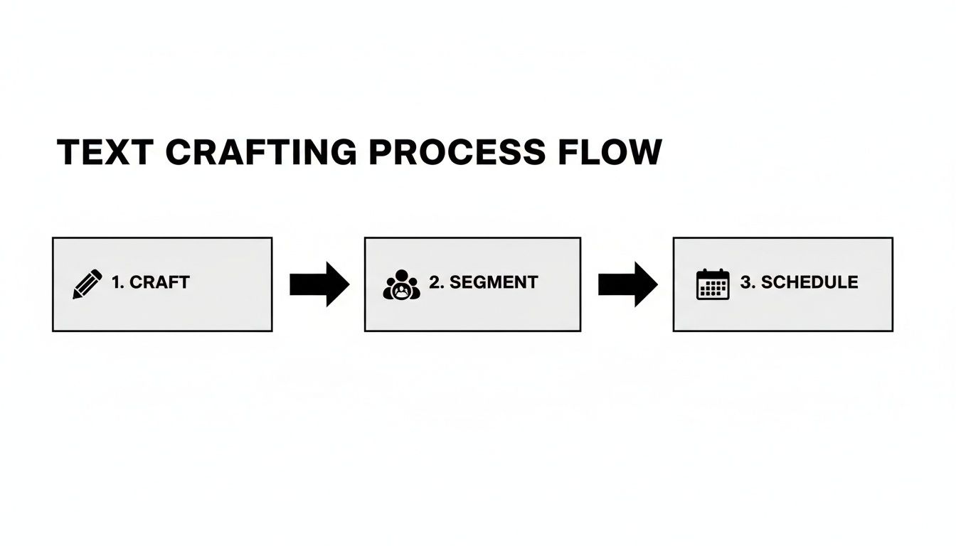Flowchart illustrating the three-step text crafting process: craft, segment, and schedule.