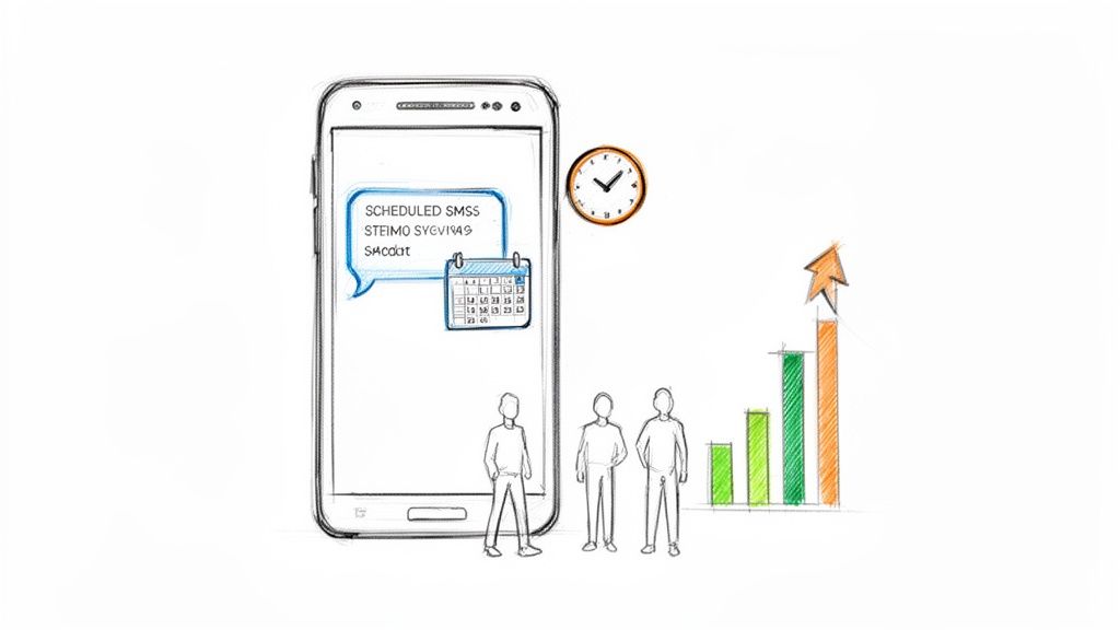 A sketch illustrating scheduled SMS messages on a phone, with a clock, people, and a growth chart.