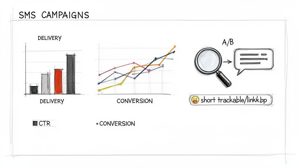 SMS campaign analytics illustrating delivery, conversion rates, and A/B testing with trackable links.