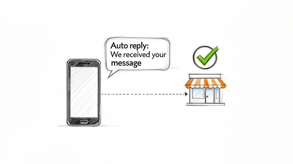 A hand-drawn diagram shows a smartphone sending a message and receiving an auto-reply, with a checkmark confirming delivery to a shop.