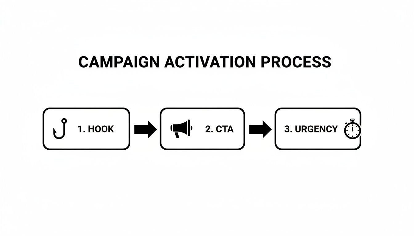 Flowchart illustrating a campaign activation process with steps: Hook, Call to Action (CTA), and Urgency.