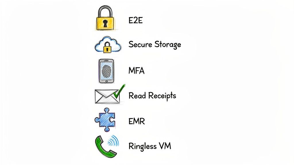 A list of security and communication features with icons: E2E, Secure Storage, MFA, Read Receipts, EMR, and Ringless VM.